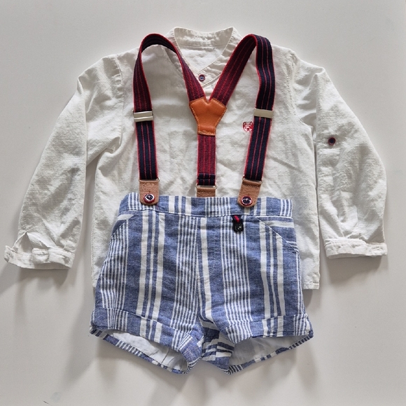 Kids White Shirt and Blue Striped Shorts with Suspenders - Picture 1 of 11